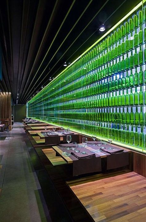 Elmerca's Restaurant Pamplona # green glass bottle wall # feature wall and atmosphere Spanish Restaurant, Bottle Wall, Restaurant Concept, Bar Interior, Green Bottle, Bar Design Restaurant, Restaurant Interior Design, Hospitality Design, Great Restaurants