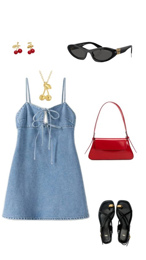 Denim mini dress with red details, european summer going out inspo Red Mini Dress Outfit Casual, Beach Going Out Outfits, Denim Mini Dress Outfit, Red Mini Dress Outfit, Casual Classy Outfits, Street Style Outfits Casual, European Outfit, Mini Dress Outfits, Red Details