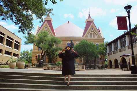 One of my favorite graduation pictures that we took and loved how it showed off my cap design! Just soms grad photo inspiration if you want a picture maybe without your face, or that shows off your cap or school building. School is Texas State University in San Marcos, TX (Old Main building) Grad Poses, Grad Cap Designs, Grad Pic, Texas State University, Graduation Picture, Grad Photoshoot, Cap Designs, Grad Photos, School Building