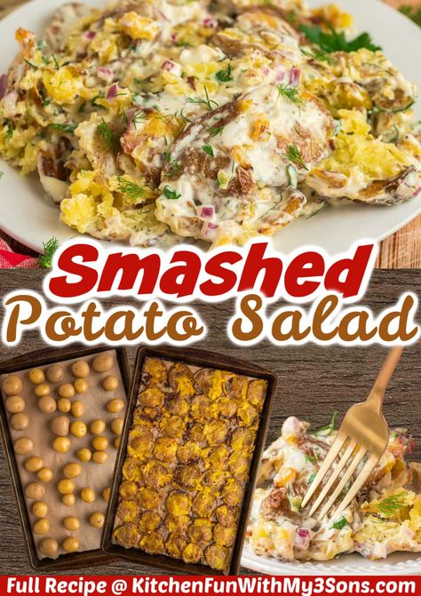 This Smashed Potato Salad is a yummy twist on traditional potato salad. The crispy smashed potatoes add texture and flavor while the Boursin cheese makes it extra creamy and delicious! Smashed Potato Salad Recipe, Summer Picnic Salads, Baby Potato Salad, Smashed Potato Salad, Traditional Potato Salad, Potatoe Salad, Roasted Potato Salads, Potato Salad Healthy, Avocado Salad Dressing