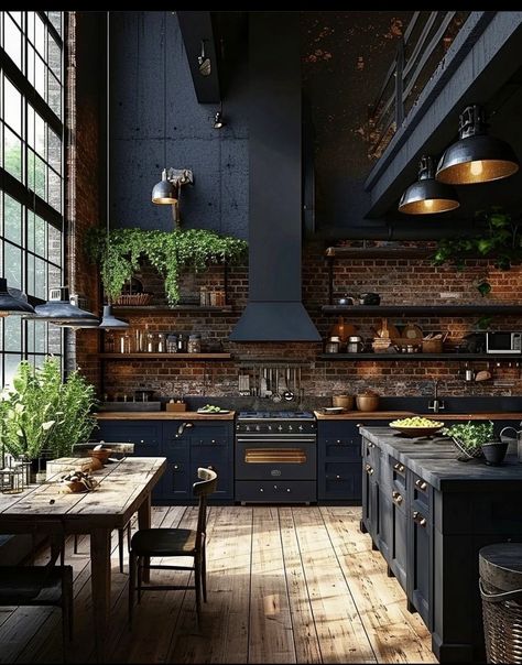 Gothic Kitchen Ideas, Rustic Kitchen Island Ideas, Moody Kitchen, Gothic Kitchen, Rustic Kitchen Island, Bohemian Kitchen, Blue Kitchen Cabinets, Boho Kitchen, Industrial Kitchen