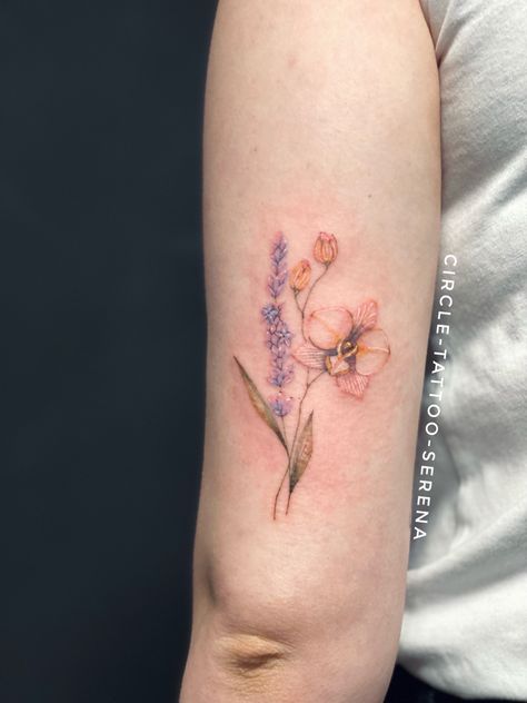 Orchid Tattoo Lavender Colortattoo Lavender Orchid Tattoo, Cute Orchid Tattoo, Lavender And Orchid Tattoo, Color Orchid Tattoo, Cooktown Orchid Tattoo, Orchid Tattoo Color, Pastel Flower Tattoo, Ladybird Tattoo, Lilac Tattoo