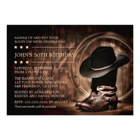 Country Western Wild West 50th Birthday Party 5x7 Paper Invitation Card Country Birthday Party Invitations, Country Western Wedding Invitations, Cowboy Wedding Invitations, Wild West Wedding, Wild West Birthday Party, Country Style Wedding Invitations, Country Themed Wedding Invitations, Cowboy Wild West, Western Wedding Invitations