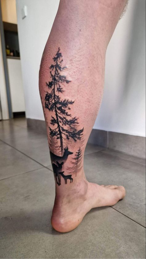 Deer Family Tattoo, Danny Tattoo, Group Tattoos, Tree Sleeve Tattoo, Deer Tattoo Designs, Winter Tattoo, Tree Sleeve, Deer Tattoo, Ink Inspiration