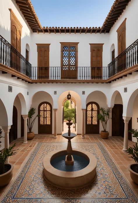 Spanish Modern Exterior, Spanish Balcony, Old Spanish Style Homes, Traditional Cafe, Italian Style House, Spanish Mansion, Andalusian Architecture, Mission Style Homes, Spanish Style Architecture