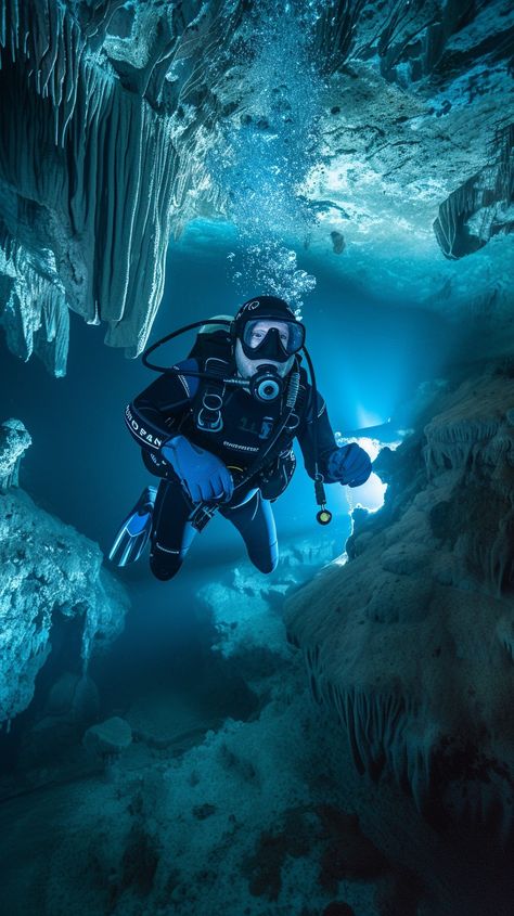 Cave Diving Adventure: An underwater explorer navigates the serene beauty of a submerged cavern in crystal-clear waters. #diving #underwater #cave #adventure #scuba #explorer #submerged #cavern #aiart #aiphoto #stockcake https://ayr.app/l/fgsR Cave Diving Photography, Scuba Diving Aesthetic, Underwater Diver, Diving Underwater, Underwater Caves, Whale Sharks, Manta Rays, Undersea World, Cave Diving