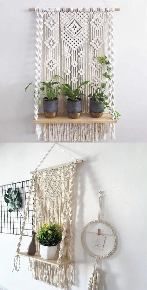 Bedroom Shelf Ideas, Macrame Hanging Shelf, Rope Plant Hanger, Bedroom Shelf, Shelf Bedroom, Macrame Shelf, Macrame Wall Hangings, Macrame Plant Hanger Patterns, Macrame Wall Hanging Diy