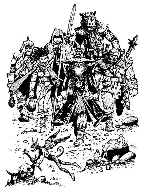 Experienced adventuring party sets forth (Larry MacDougall, “Further” Adventures in the Northern Wilderness by Kevin Siembieda for the Palladium RPG, 1990) Classic Rpg Art, Old School D&d Art, Forbidden Lands Rpg, Old School Dnd Art, Old Fantasy Art, Black And White Fantasy Art, Larry Macdougall, Dungeon Art, School Artwork