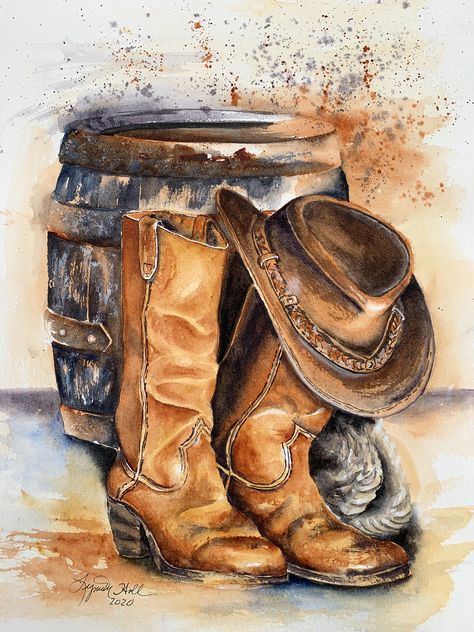 Cowboy Watercolor Paintings, Watercolor Western Art, Cowboy Hat Painting Canvas, Country Art Paintings, Texas Painting Ideas, Western Watercolor Paintings, Cowboy Boot Painting, Western Painting Canvas, Western Painting Ideas