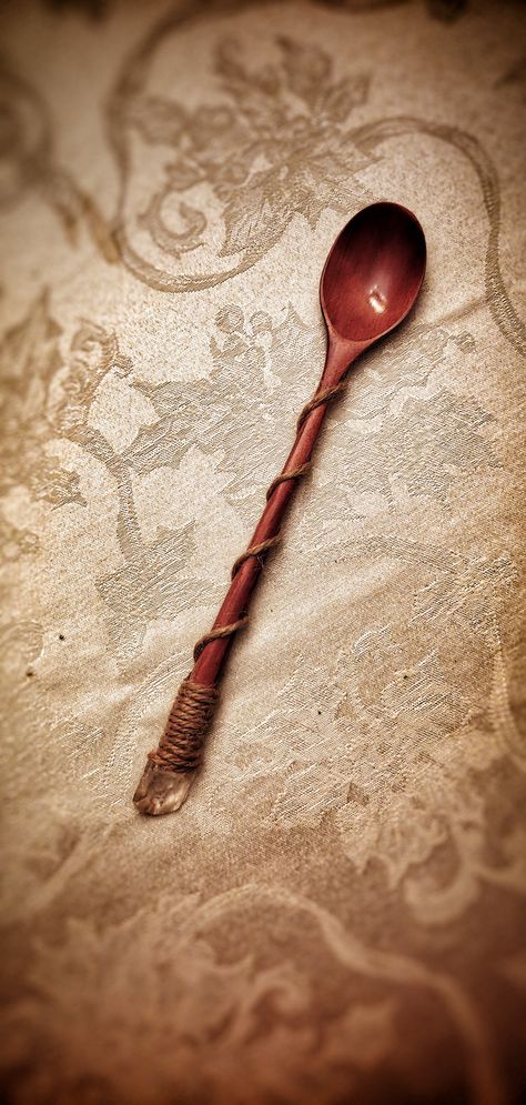 Every kitchen witch knows her magic wand is a wooden spoon. Magic Wand Spoon, Witchy Wooden Spoons, Kitchen Witch Spoon, Diy Kitchen Witch Decor, Kitchen Witch Altar Ideas, Witch’s Kitchen, Witch Wand Aesthetic, Kitchen Witch Aesthetic Outfit, Kitchen Witch Costume