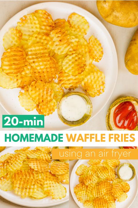 Craving some delicious waffle fries? Make your own homemade waffle fries using an air fryer in just 20 mins! Get the full recipe by clicking here! Diy Waffle Fries, Homade Fries Air Fryer, How To Make Waffle Fries, Homemade Fries In Air Fryer, Homemade French Fries In Air Fryer, Homeade Waffles, Homemade Waffle Fries, Air Fryer French Fries Homemade, Air Fryer Waffle Fries