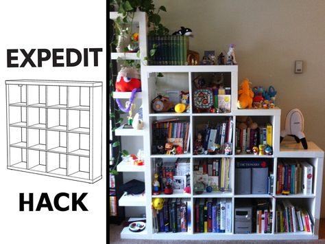 Materials: One Lack shelving unit, one-4X4 Expedit and one-1X1 Expedit Confession, I have a love-hate relationship with the IKEA Expedit line. I purchased one in 2012 because it worked like a dream as a room divider, or more accurately as a “messy bed hiding area,” in my old studio apartment. However in the new apartment it stuck [&hellip Expedit Hack, Ikea Bookshelf Hack, Ikea Bed Hack, Cama Ikea, Messy Bed, Ikea Bookcase, Hacks Ikea, Ikea Expedit, Ikea Bookshelves