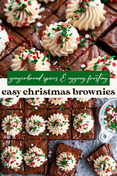 Festive Christmas brownies strike the perfect balance between fudgy and chewy with a crackled top, rich chocolate flavor, and warm gingerbread spices. And for the icing on the cake, they're decorated with an easy 5-minute eggnog buttercream and holiday sprinkles! Christmas Bakery Recipes, Xmas Brownie Ideas, Brownie Trees Christmas, Simple Christmas Deserts, Christmas Themed Brownies, Easy Christmas Brownies, Christmas Brownie Cookies, Christmas Brownie Bites, Easy Christmas Sweet Treats