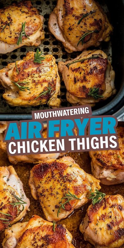 Quick, delicious, and packed with flavor! These air fryer chicken thighs are perfect for when you're short on time but want a mouthwatering dinner. Crispy skin, tender inside, and ready in no time! Bone In Chicken Thigh Recipes Healthy, Air Fryer Skinless Chicken Thighs, Crispy Chicken Thighs Air Fryer, Air Fryer Bone In Chicken Thighs, Air Fryer Chicken Thighs Bone In Skin On, Bone In Chicken Thigh Recipes Air Fryer, Air Fryer Chicken Thighs Bone In, Air Fryer Chicken Meals, Chicken Thigh Air Fryer Recipes