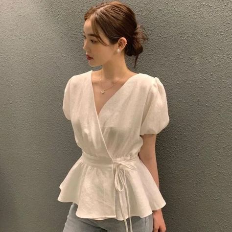 Happo - Puff-Sleeve V-Neck Plain Peplum Blouse | YesStyle Ruffled Shirt, Downtown Outfits, Summer Retro, Ruffle Shirt, Cargo Skirt, Peplum Blouse, Casual Winter Outfits, Style Shirt, Shirt Top