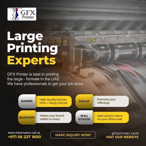 A banner with vibrant colors and bold text that reads 'Large Printing Press Solutions in Dubai - GFX Printer Car Branding, Graphic Design Posters Layout, Social Media Advertising Design, Real Estates Design, Sticker Printing, Flyer Design Inspiration, Flyer And Poster Design, Business Banner, Branding Services