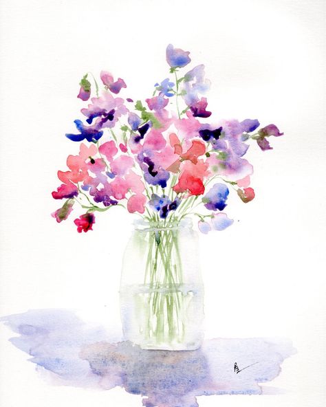 @color.me.water • Loose watercolor painting of sweet peas in a glass jar #watercolour • Threads Loose Watercolor Paintings, Loose Watercolor Flowers, Watercolor Blog, Watercolor Flowers Tutorial, Flowers In A Vase, Flowers In Jars, Diy Watercolor Painting, Watercolour Inspiration, Loose Watercolor