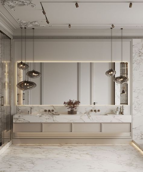 Neo Classic Bathroom Interior Design, Neoclassic Modern Interior, Modern French Interior Design Bathroom, Parisian Modern Bathroom, Neoclassical Bathroom Design, Neo Classical Bathroom, Luxurious Bathrooms, Bathrooms Luxury Modern, Neoclassical Bathroom