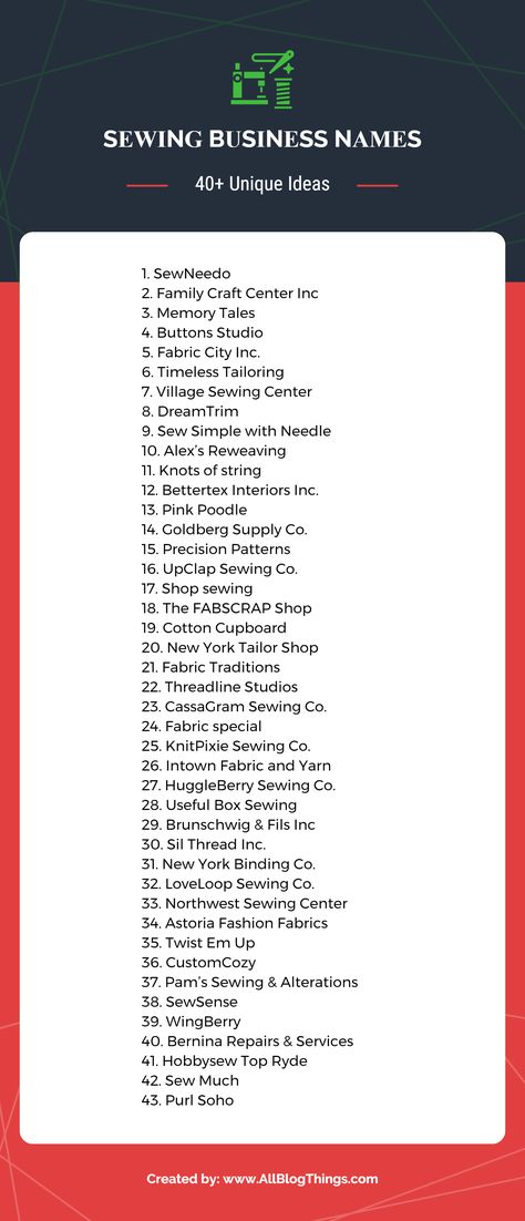 40+ Unique Sewing Company Names Infographic by AllBlogThings.com Fashion Designer Studio Name Ideas, Sewing Business Logo Ideas, Tailoring Name Ideas, Clothing Company Name Ideas, Fashion Page Name Ideas, Aesthetic Clothing Brand Names, Fashion Business Name Ideas Unique, Clothing Boutique Names Ideas Unique, Fashion Boutique Names Ideas Unique