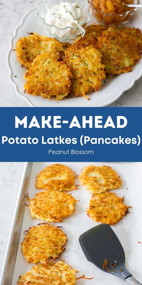 Make Ahead Potato Latkes Potato Latkes Easy, Latkes Recipe Easy, Baked Potato Pancakes, Easy Homemade Applesauce, Easter Side Dish, Crispy Potato Pancakes, Latkes Recipe, Potato Latke Recipe, Sweet Potato Latkes