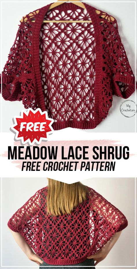 crochet Meadow Lace Shrug free pattern      #Shrug  #crorchet #freecrocehtpattern via @shareapattern.com Easy Crochet Shrug Pattern, Bolero Haken, Easy Crochet Shrug, Crochet Shrug Pattern Free, Crocheted Tops, Crochet Bolero Pattern, Crochet Garments, Bolero Pattern, Crochet Shawl Pattern