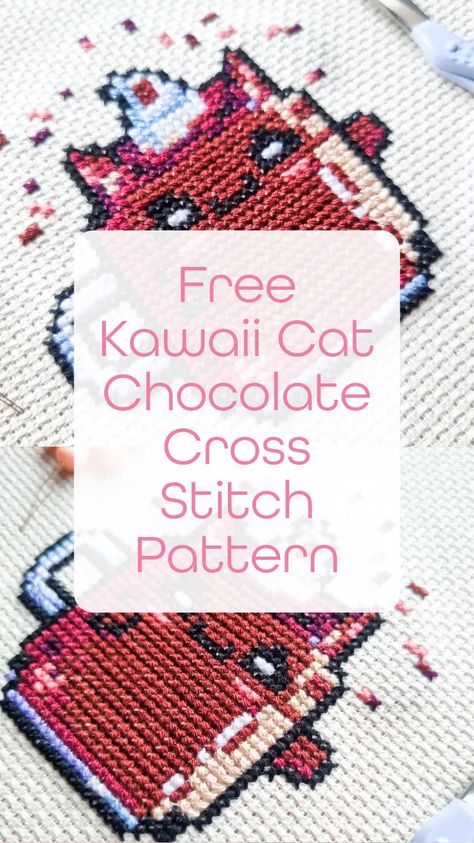 Free Kawaii Cat Chocolate Cross Stitch Pattern - Craft with Cartwright Cross Stitch Kawaii, Kawaii Cross Stitch Pattern Free, Kawaii Cross Stitch Pattern, Cat Chocolate, Cross Stitch Pattern Free, Kawaii Cross Stitch, Cross Stitch Free, Dmc Embroidery Floss, Framed Cross Stitch