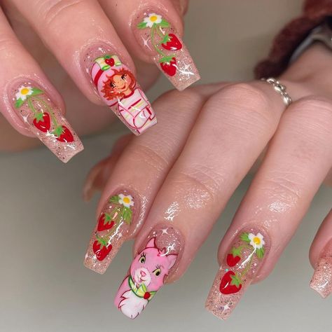 Strawberry Shortcake Nails Designs, Strawberry Shortcake Nails Acrylic, Strawberry Shortcake Nails, Detailed Nails, Noriker Horse, Strawberry Shortcake Outfits, Cartoon Nail Designs, Berry Nails, Fruit Nail Art