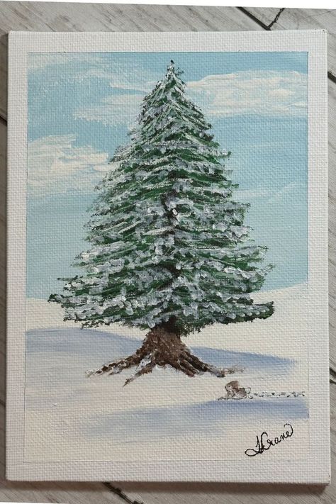 Winter Tree Acrylic Painting Round Paint Brush, Blue Chalk Paint, Simple Gift Wrapping, Winter Woodland, Simple Canvas Paintings, Christmas Card Art, White Chalk Paint, White Acrylic Paint, Winter Home Decor