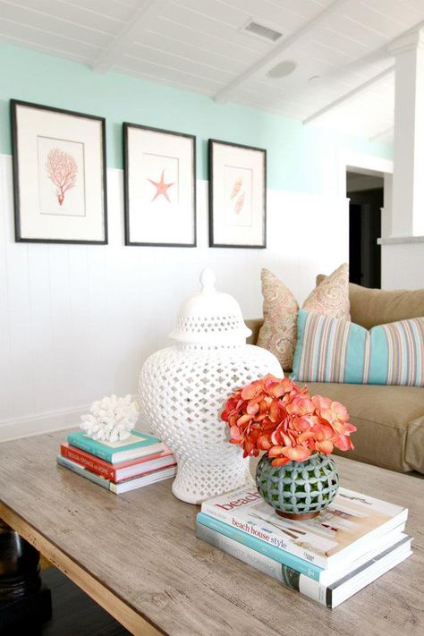 House of Turquoise: Nagwa Seif Interior Design | turquoise with coral-orange accents Coral Decor, House Of Turquoise, Coffee Table Design, Beach House Decor, Home Fashion, Beach Decor, Cottage Style, Table Design, Room Inspiration