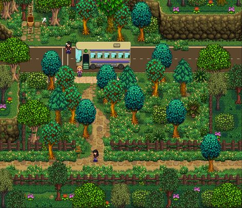 Stardew Bus Stop, Bus Stop Ideas, Stardew Ideas, Stardew Farm, Stardew Farms, Stardew Valley Layout, Stardew Valley Tips, Stardew Valley Farms, Farm Layout