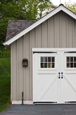 Board and batten exterior wall2 Board and Batten garage ... Batten Board, Board And Batten Exterior, Vertical Siding, Carriage Doors, Homes Ideas, Board And Batten Wall, Board And Batten Siding, House Siding, Building A Shed