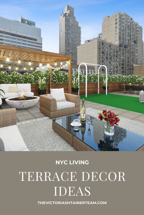 NYC balcony and terrace with cozy seating area and outdoor living space. NYC terrace decor ideas. Rooftop Patio Ideas, Nyc Balcony, Nyc Terrace, Balcony Aesthetic, Rooftop Decor, Rooftop Ideas, Penthouse Terrace, Ledge Decor, Balcony Decor Ideas