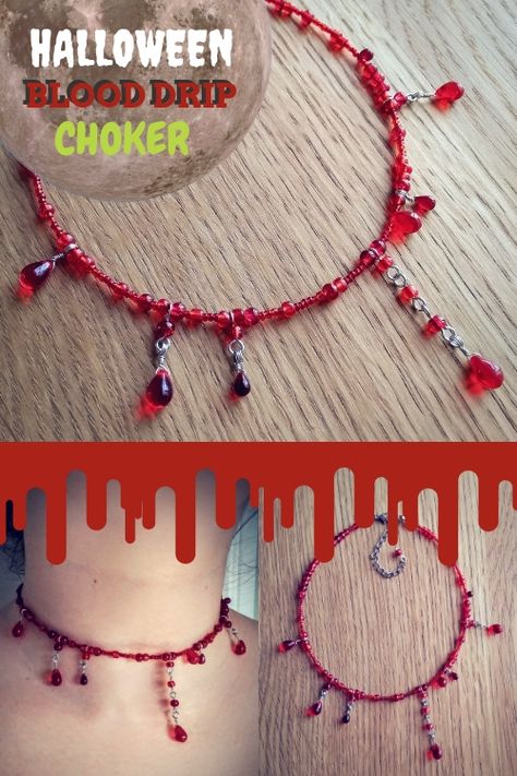 DIY Halloween Blood Drip Choker | Golden Age Beads Diy Halloween Blood, Halloween Necklace Diy, Diy Chockers, Halloween Diy Outfit, Halloween Jewelry Diy, Halloween Beaded Jewelry, Diy Choker, Blood Drip, Mucha Art