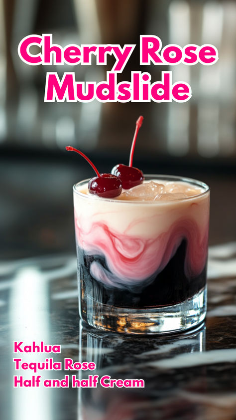 Cherry Rose Mudslide Cherry Rose Mudslide, Creamy Alcoholic Drinks Recipes, Tequila Rose Cocktails, Tequila Rose Recipes, Tequila Desserts, Tequila Rose Drinks, Mudslide Recipe Alcohol, Kahlua Cocktails, Rosé Cocktails