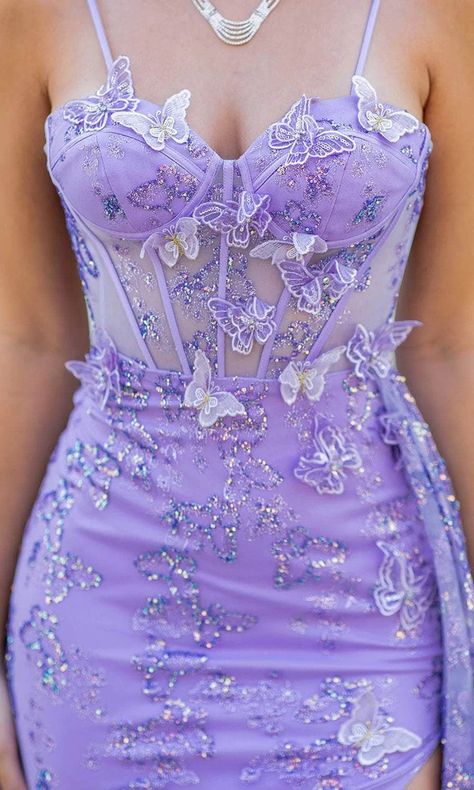 Prom Dress Cinderella, Butterfly Prom Dress, Aemma Targaryen, Glitter Prom Dress, Princess Stuff, Girls Communion Dresses, Wearing Purple, Sheer Corset, Military Ball Dresses