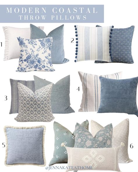 Do you love modern coastal decor? Want to achieve the same look in your home? Here's the best decor ideas, color palettes and inspiration to help you! Coastal Cushions Couch, Neutral Living Room Blue Accents, Costal Pillows, Aloha Decor, Blue Living Room Decor Ideas, Palette Bleu, French Coastal Decor, Organic Coastal, Elegant Coastal Decor