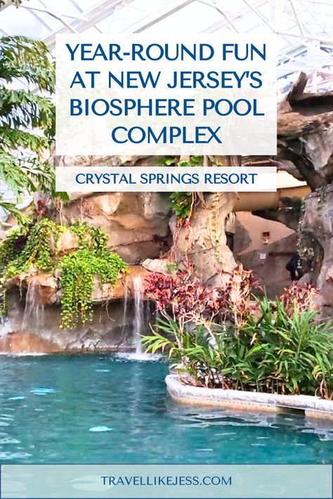 Indoor biosphere pool and foliage with a headline " Year-Round Fun at New Jersey's Biosphere Pool Complex, Crystal Springs Resort" Indoor Water Parks, Pool Paradise, Indoor Oasis, Freeform Pools, Crystal Springs, Destin Hotels, Round Pool, Great Wolf Lodge, Indoor Waterpark