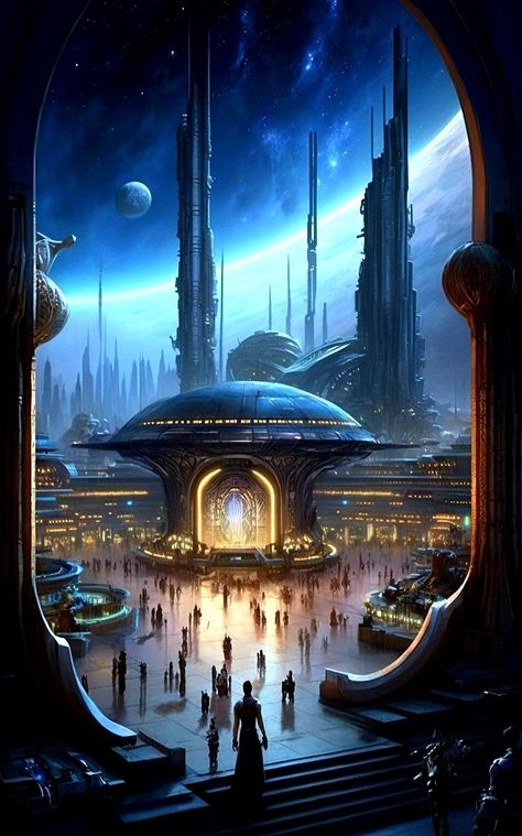 Futuristic Fantasy World, Lunarpunk City, Cyberpunk Castle, Lunarpunk Aesthetic, Futuristic Castle, Lunar Punk, Fantasy Futuristic, Alien City, Futuristic Vehicles