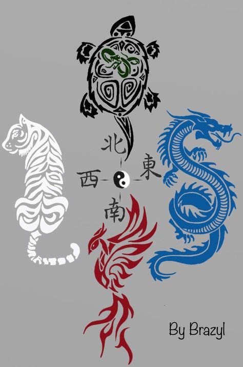 White Tiger Mythology, White Tiger Chinese Mythology, Four Guardians Chinese Tattoo, Black Eastern Dragon, Vermillion Bird Chinese, Black Tortoise Tattoo, Dragon And Phoenix Tattoo Yin Yang, Azure Dragon Tattoo, Tiger Mythology