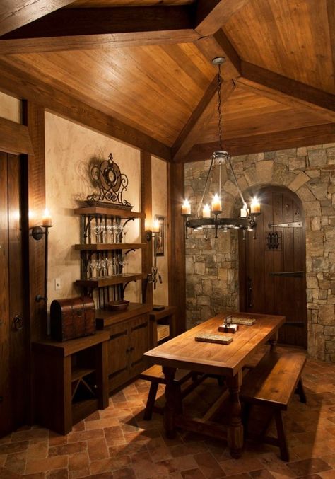 Dining room Dnd Room Ideas, Medieval Interior, Dnd Room, Medieval Home Decor, Tuscan Bathroom, Dungeon Room, Casa Hobbit, Medieval Decor, Fantasy Rooms