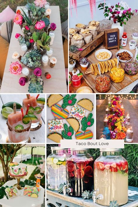 Mexican Baby Shower Table, Taco Bout A Wedding Shower Ideas, Mexican Food Engagement Party, Tex Mex Bridal Shower Ideas, Bridal Shower Final Fiesta, Mexican Fiesta Party Decorations Taco Bar Food Ideas, Taco Theme Rehearsal Dinner, Mexican Fiesta Engagement Party, Food Themed Bachelorette Party