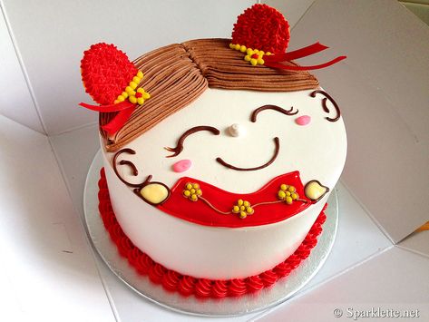 Chinese New Year Prosperity Couple Happy Face cake from Emicakes Cny Cake Decoration, Chinese New Year Cake Design, Chinese Cake Design, Lunar New Year Cake, Pineapple Snacks, New Year Cake Design, Chinese Birthday Cake, Happy Face Cake, Cny Cake