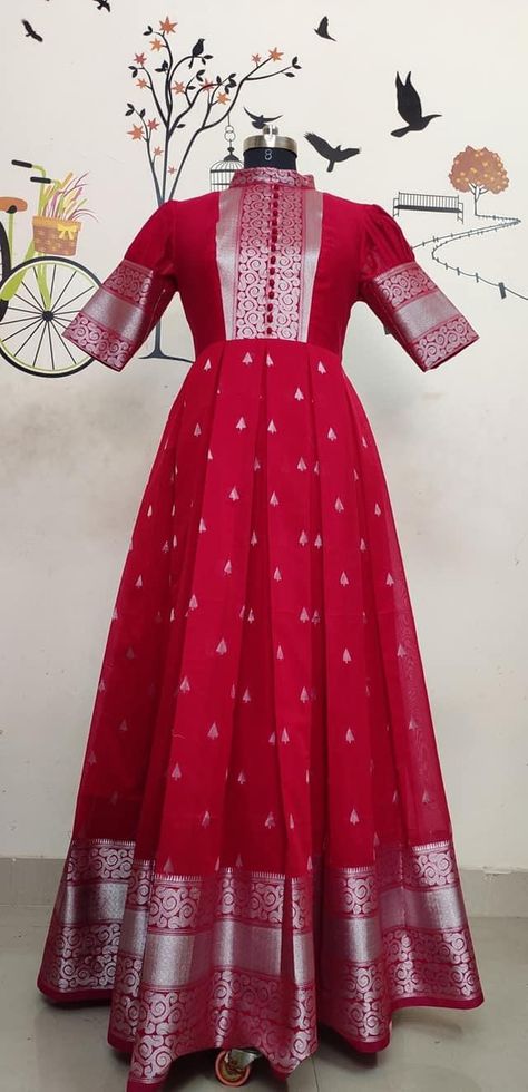 Different Long Frock Designs, Fancy Blouse Designs Classy, Frocks For Women Pattu Long Frocks For Women, Full Dress Long Indian, Gaouns Dress Gowns, Long Frock Designs Pattu, Full Frock Designs For Women Party Wear, Anarkali Kurti From Old Saree, Pattu Saree Long Frocks Designs