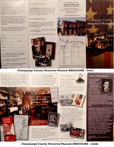 Champaign County Historical Museum brochure (4-panel). Well-organized brochure. Picked this up at Champaign Surplus. Historical Brochure Design, Museum Brochure, Career Center, Historical Museum, Historical Monuments, Homemade Crafts, Mini Canvas Art, Mini Canvas, Brochure Design