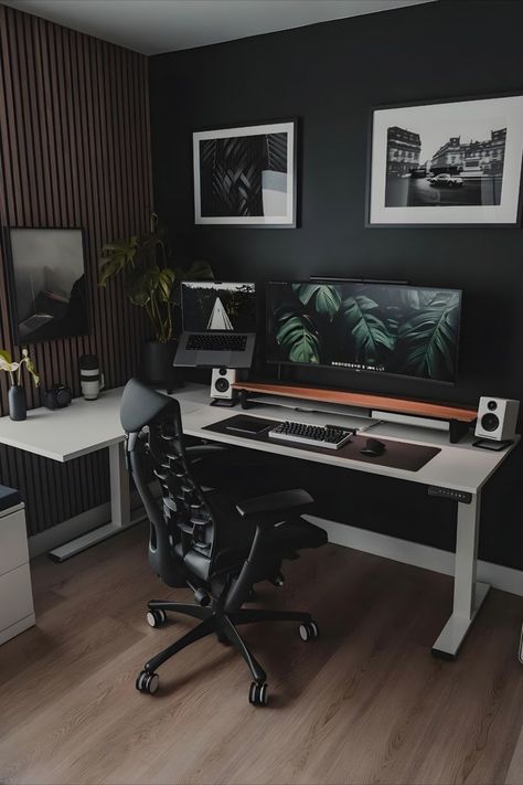 Black Work From Home Setup, Black Office Desk Ideas, Desk Black Aesthetic, Work Space Ideas, Small Moody Office, Workspace Photography, Desks Minimalist, Laptop Setup, Minimal Desk Setup