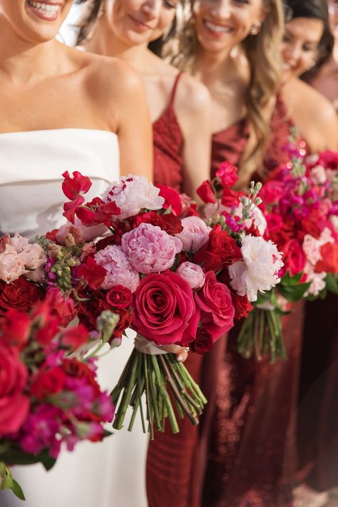 Fuchsia, red and blush bouquet Dark Pink Fall Wedding, Pink Purple And Red Wedding, Dark Red And Pink Wedding, Pink And Red Bouquet Wedding, Berry Color Palette Wedding, Pink Red Bridesmaid Dresses, Wedding Red And Pink, Fall Pink Wedding Color Schemes, Spring Color Wedding Ideas