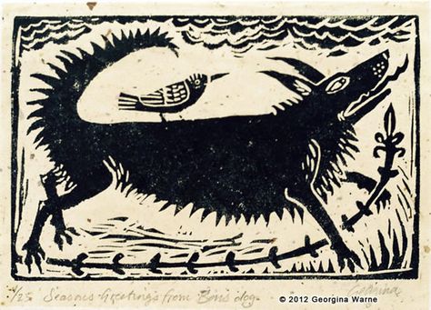 A folk art image of Black Shuck Black Shuck, Chinese Folk Art, Relief Printmaking, Lino Art, Animal Illustration Art, East Anglia, Tattoo Style Drawings, Relief Print, Dog Drawing