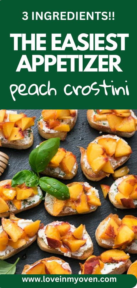 A simple combination of goat cheese, basil and honey makes for an easy peach crostini appetizer for the summer! Use juicy fresh peaches for a snack that everyone will enjoy! Grilled Peach Crostini, Peaches And Goat Cheese Appetizer, Peach Bruchetta Appetizers, Peach Goat Cheese Crostini, Fresh Peach Appetizers, Peach Crostini Appetizers, Appetizers With Peaches, Peach Appetizer Recipes, Peach Appetizers For Party