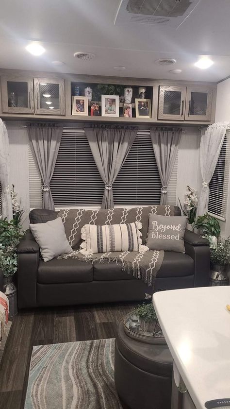 Rustic Rv Decor, Gray And White Rv Interior, Gray And White Camper Interior, Western Travel Trailer Decor, Camper Living Room Decor, Camper Farmhouse Decor, Camper Living Decor, Boho Camper Decor Travel Trailers, Rv Ottoman Ideas