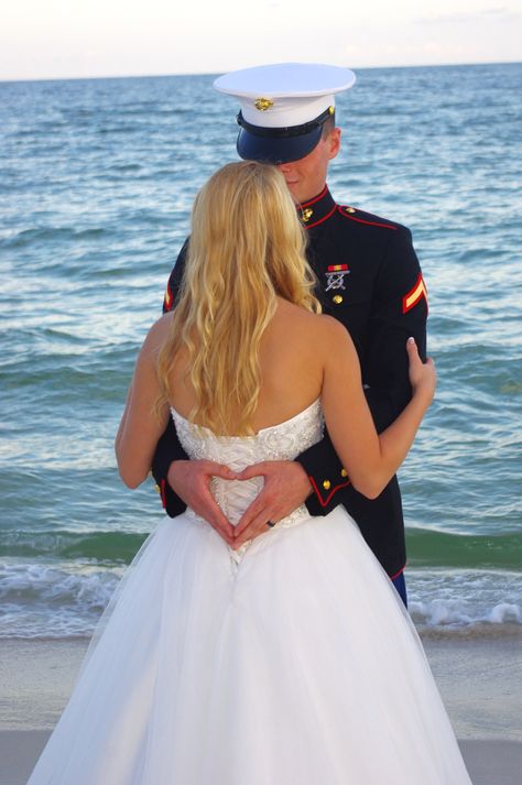 Marine Corps wedding, Wedding photography, Beach wedding Us Army Wedding Ideas, Marine Engagement Photos, Marine Corps Wedding Colors, Army Wedding Ideas, Marine Wedding Ideas, Marines Wedding, Military Wedding Ideas, Military Wedding Army, Usmc Wedding